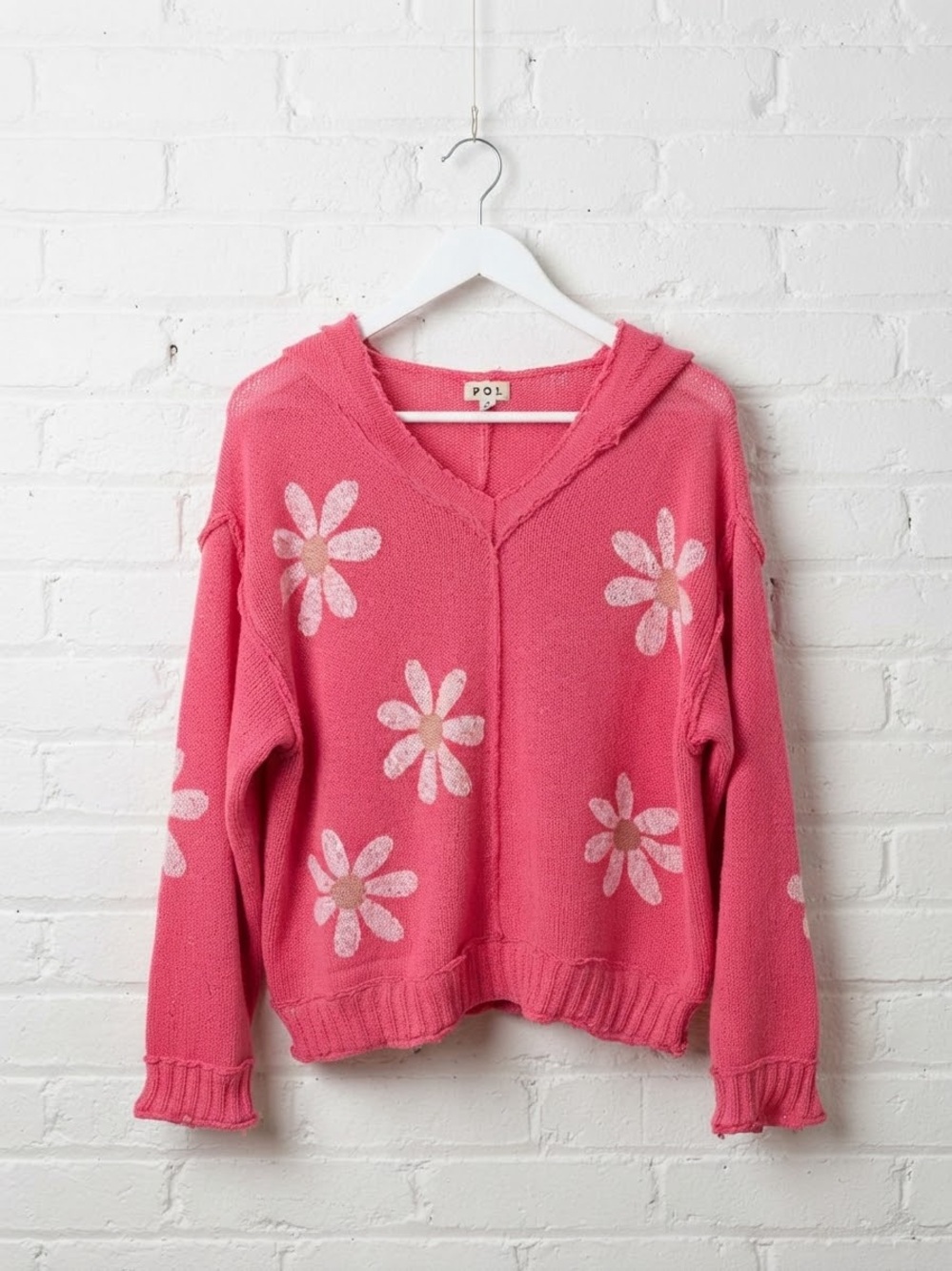 POL Brand New Daisy Flower V Neck Knit Hoodie Boho Oversized Sweater Size Small - Picture 4 of 5